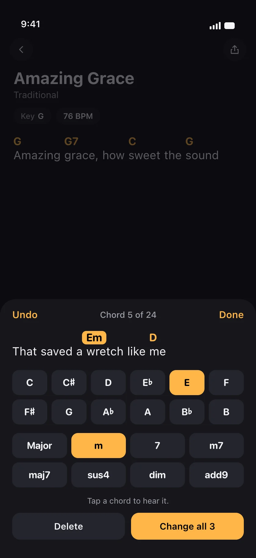 GetChords on an iPhone: changing one chord of the sheet